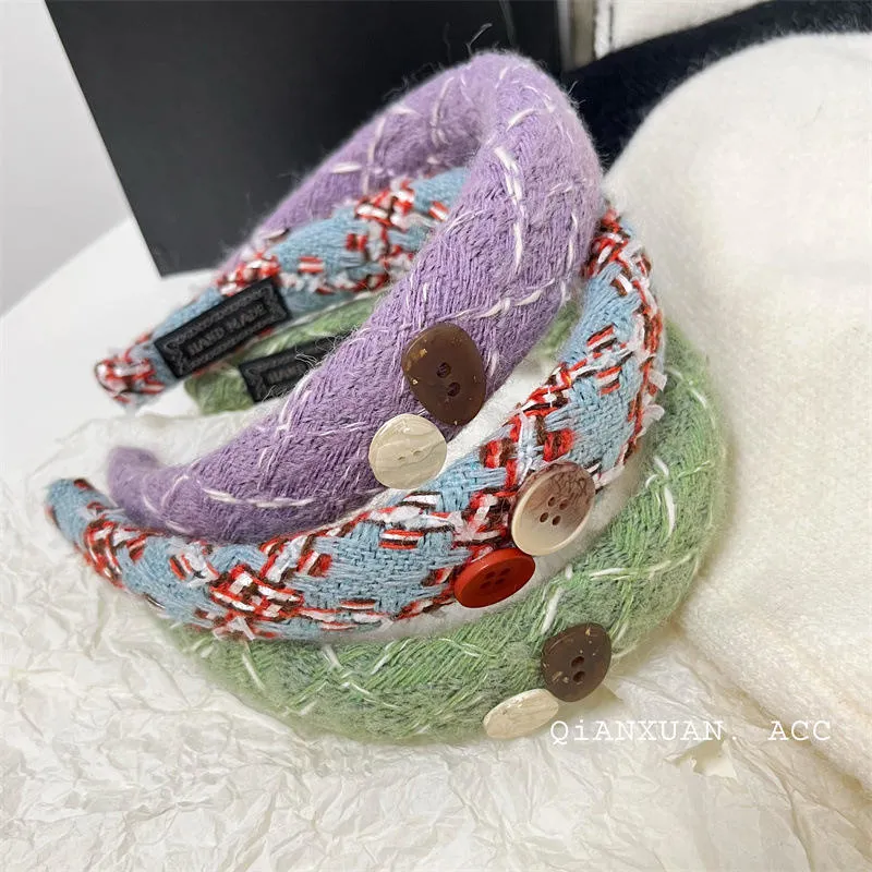 New Design Utton Plaid Wool Hair Hoop Female Wide Edge Headband