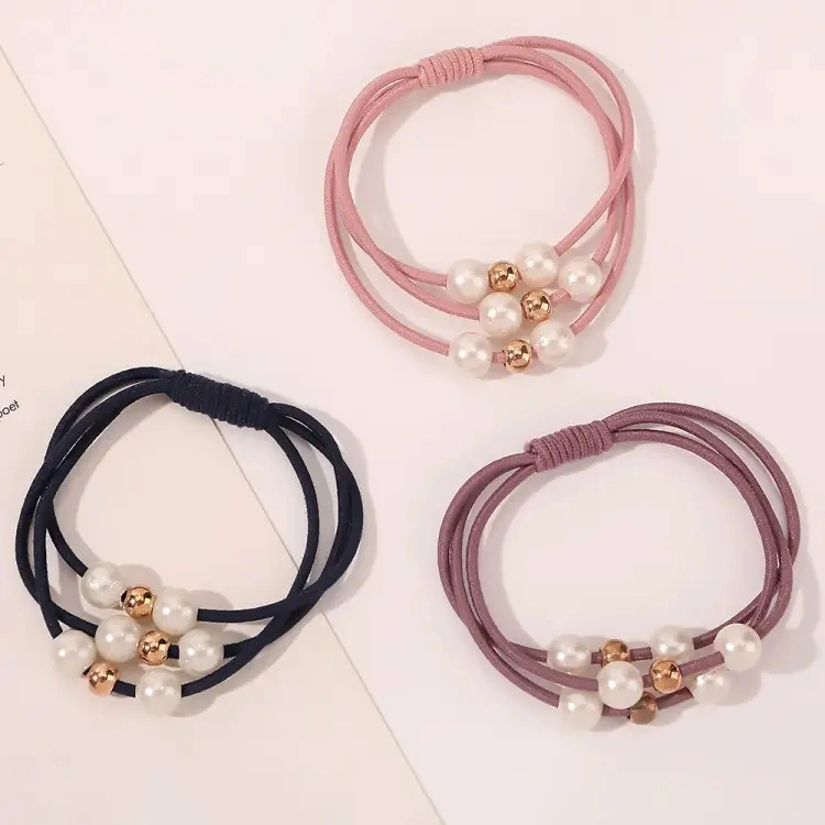 Korean Version Hair Tie Three Thread Pearl Bottomed Leather Band Hair Rope High Elasticity Hairband Hand Knotted Headband