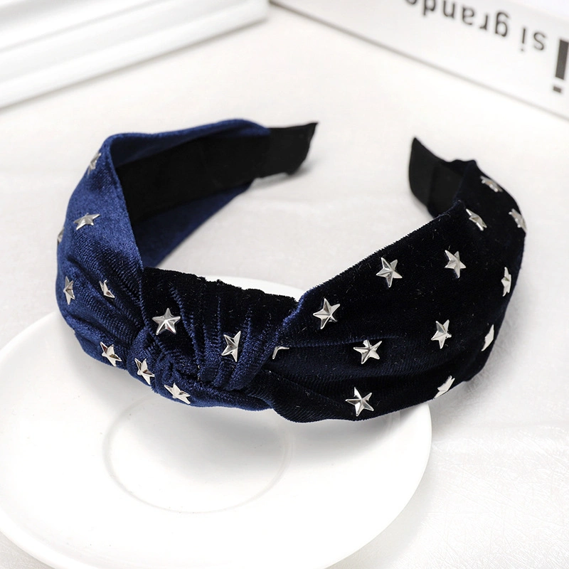 Korean Fashion New Hair Bands Solid Color Velvet Hot Diamond Star Knotted Headdress Hair Card Wide Side Band