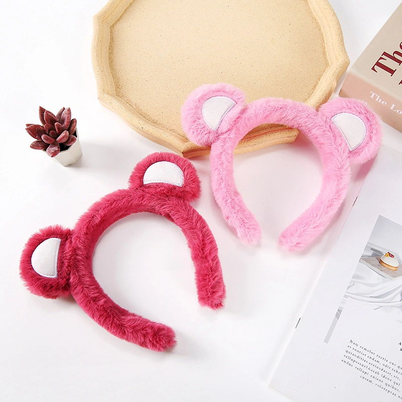 Ins Cute Plush Strawberry Bear Hair Band Lady Pink Rose Red Ears Hair Hoop