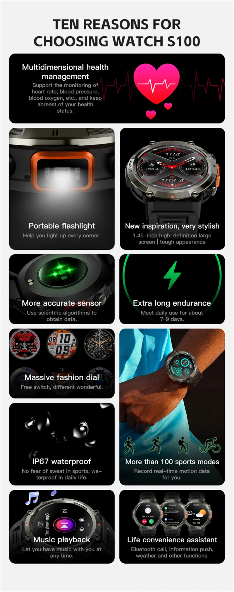 OEM1.45 TFT S100-T Bluetooth Calls Highlight LED Flashlight Outdoor Sports Man Men Boy High End Silicone Strap Smartwatch Smart Watch Sports Bracelet Wristband