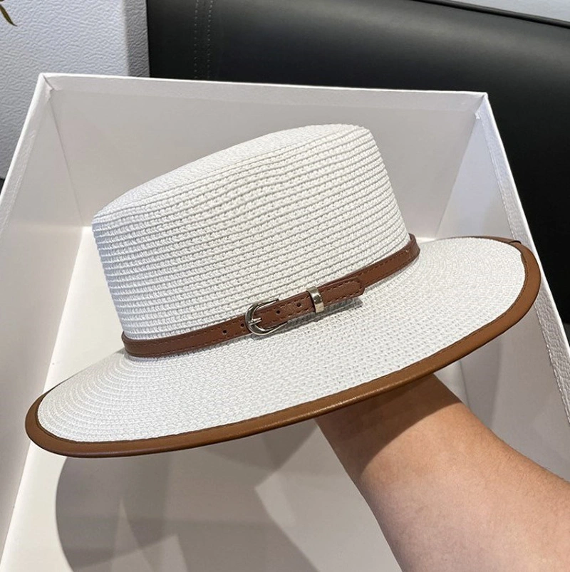 2024 New Flat Top Straw Panama Hats for Women Straw Caps with PU Decoration and Belt Band