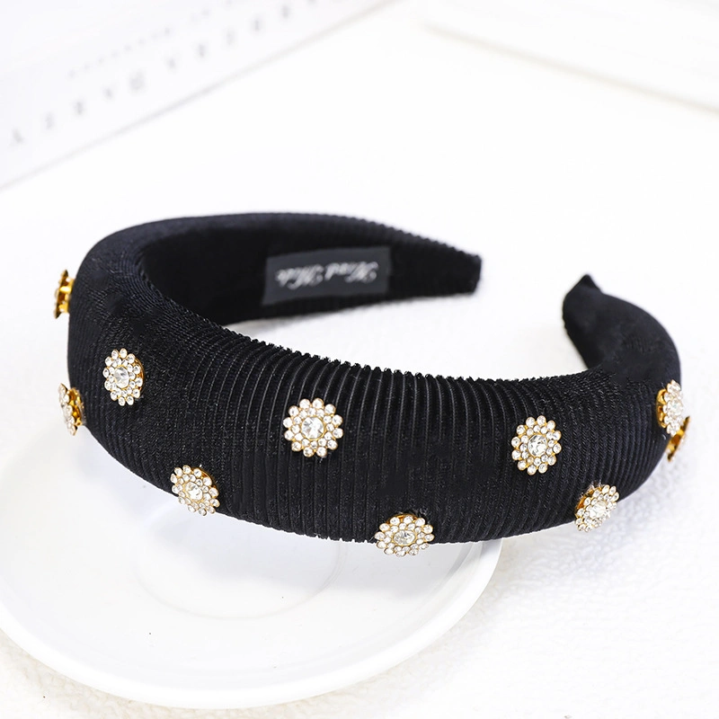 Rhinestone Floral Headband Women&prime;s Gold Velvet Thickened Sponge Fabric Hair Ornament Wide Side Hair Band