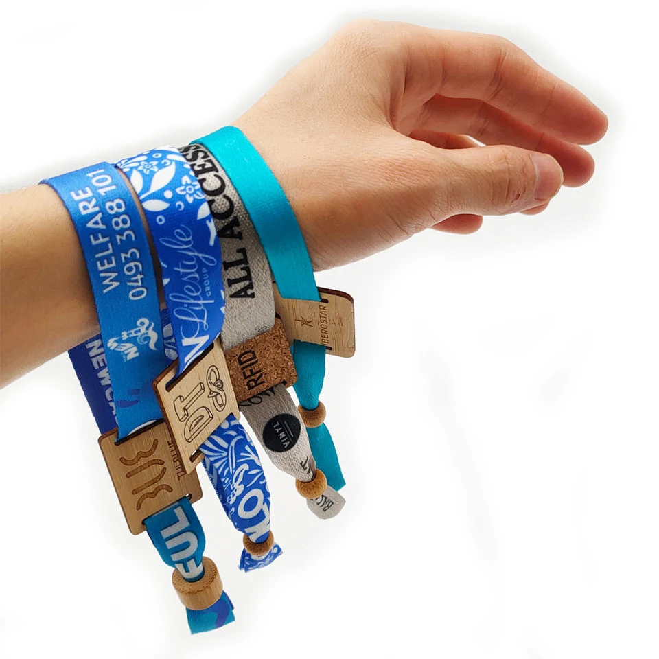 Custom Reusable Festival Wristband Fabric Recycled Friendly RPET Wristband with Bamboo Wooden Lock