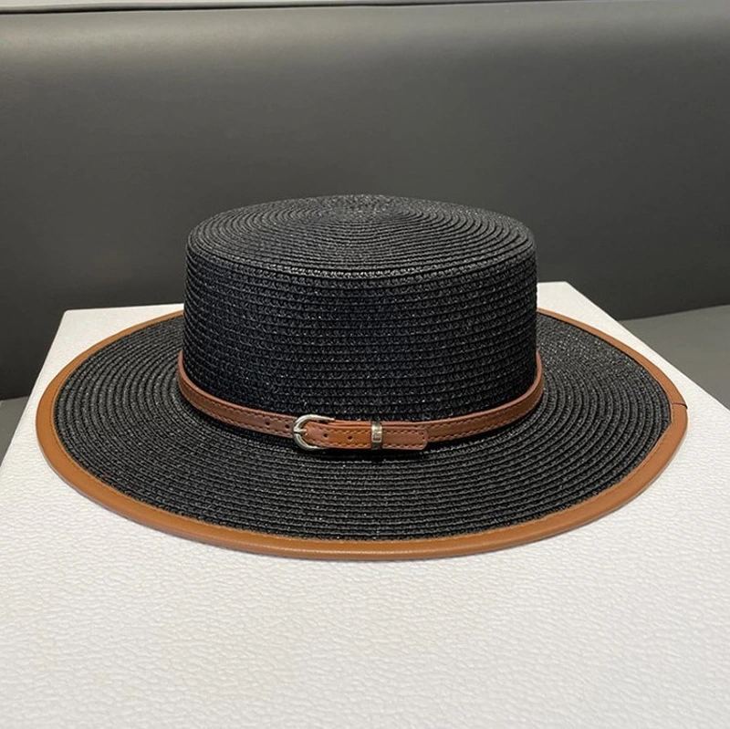 2024 New Flat Top Straw Panama Hats for Women Straw Caps with PU Decoration and Belt Band