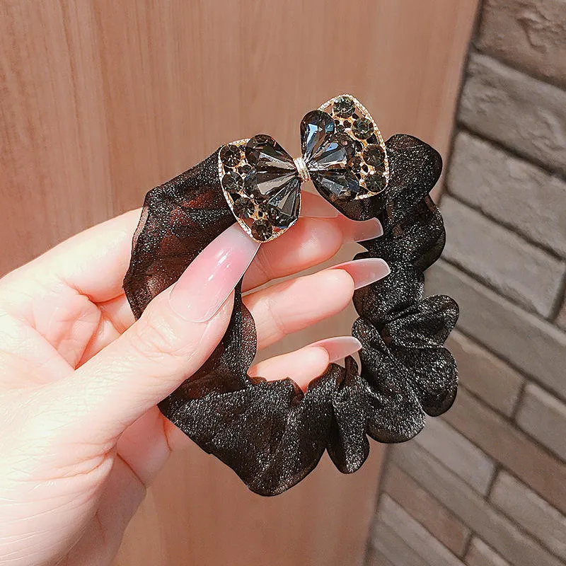 French Crystal Bow Elastic Hair Band Personality Fashion Temperament Leather Hair Rope