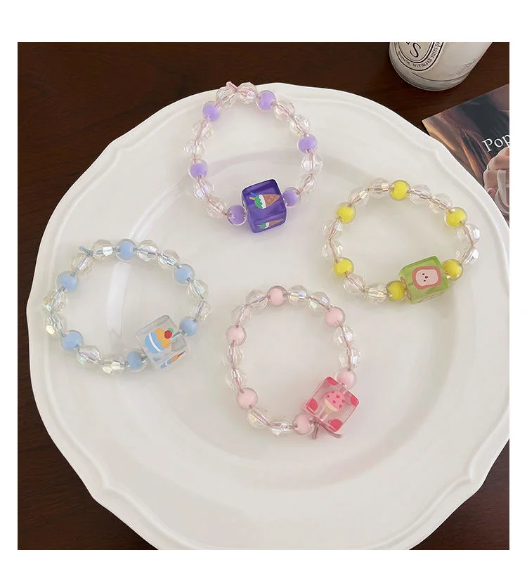 Fresh Cute Cartoon Bracelet Transparent Resin Beads Hand Beaded Elastic Band