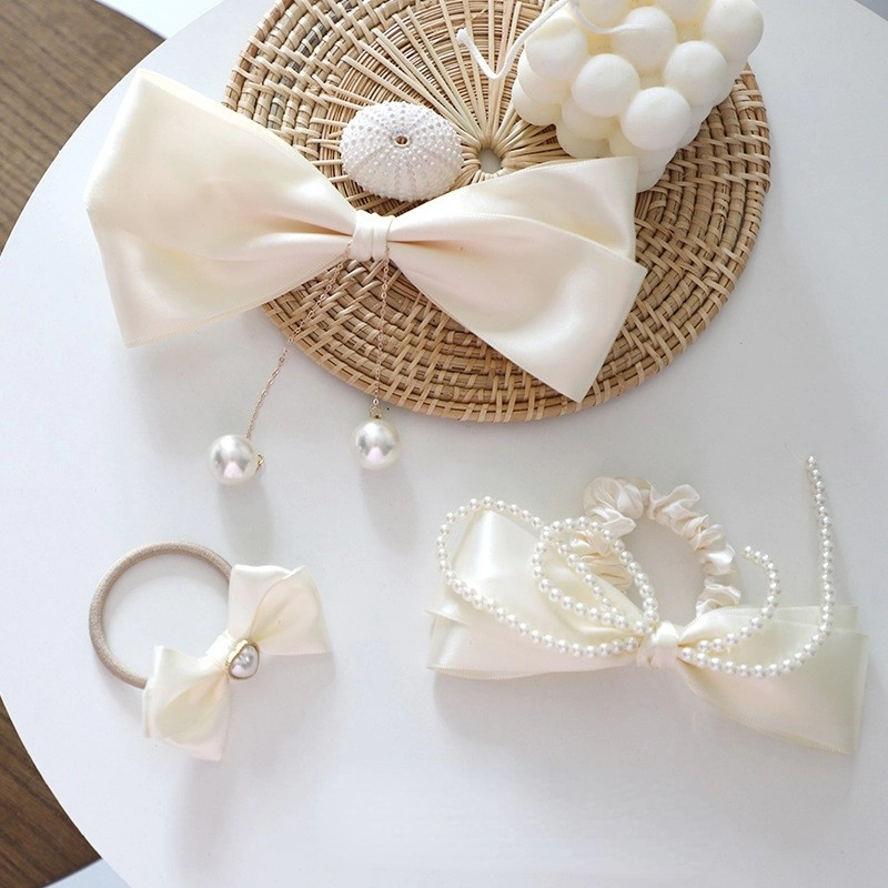 Ins Fashion Satin Bow Knot Hair Clips Vintage Pearl Hair Bands