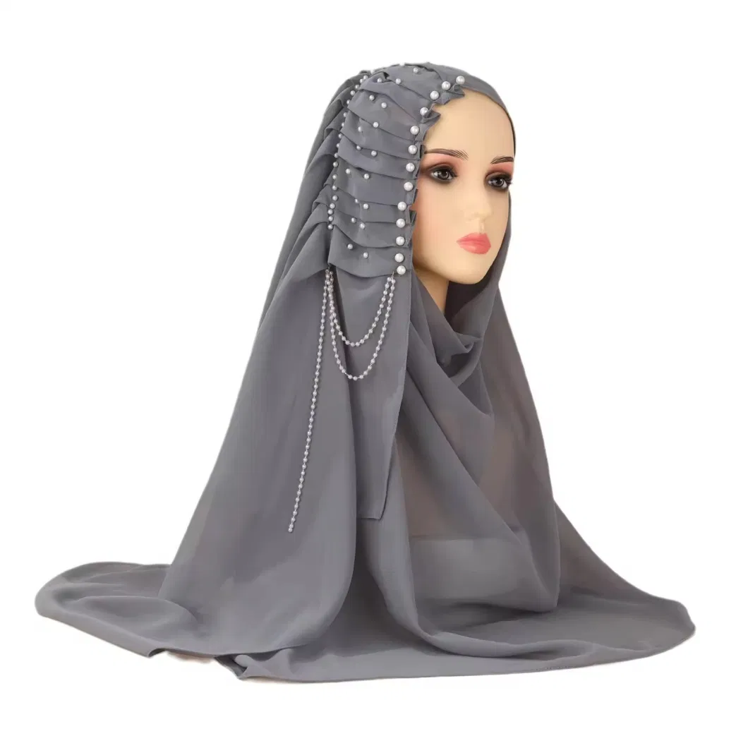 Wholesale Abaya Women Muslim Dress Shawl Solid Bandana Color with Pleated Outfit Chiffon Pearl Beading Nude Malaysia Scarf