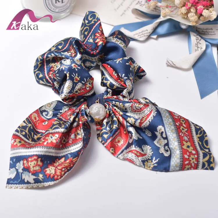 Wholesale Vintage Printed Fabric Elastic Hair Band with Pearl