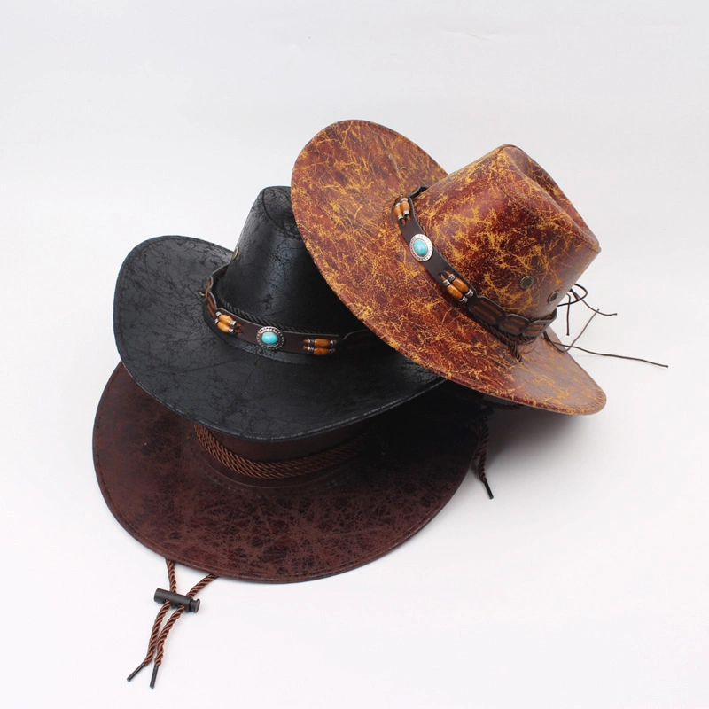 Faux Leather Wide Brim Hat Western for Men Fedora Hat Cowboy Hats with Rhinestone Hat Band