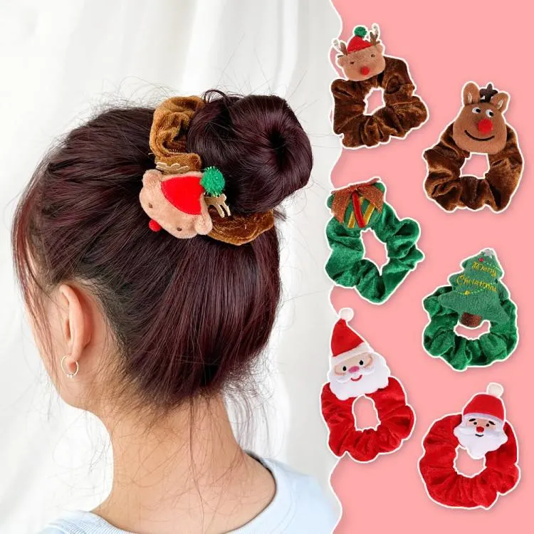 Fashionable Cute Babies Christmas Elk Hair Ties Velvet Fabric Xmas Brown Deer Rubber Hair Bands for Lovely Girls