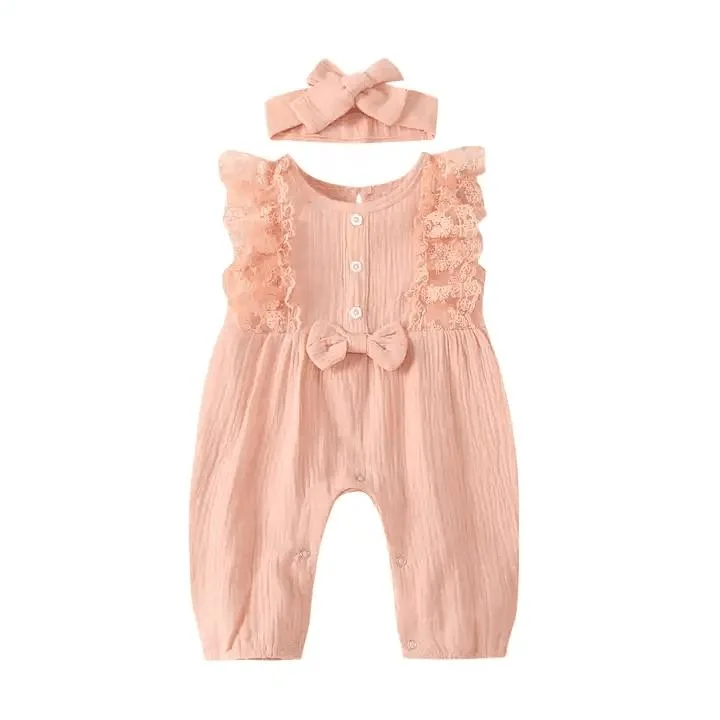 Baby Lace Muslin Romper, O-Neck Sleeveless Ruffled Button Bow, Baby Girl Bubble Romper, Headband