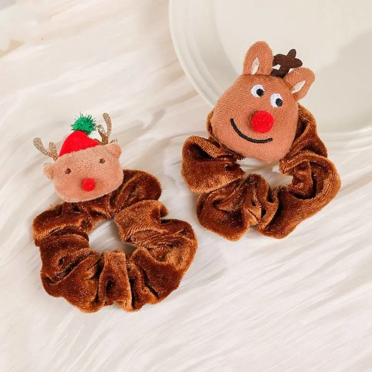 Fashionable Cute Babies Christmas Elk Hair Ties Velvet Fabric Xmas Brown Deer Rubber Hair Bands for Lovely Girls