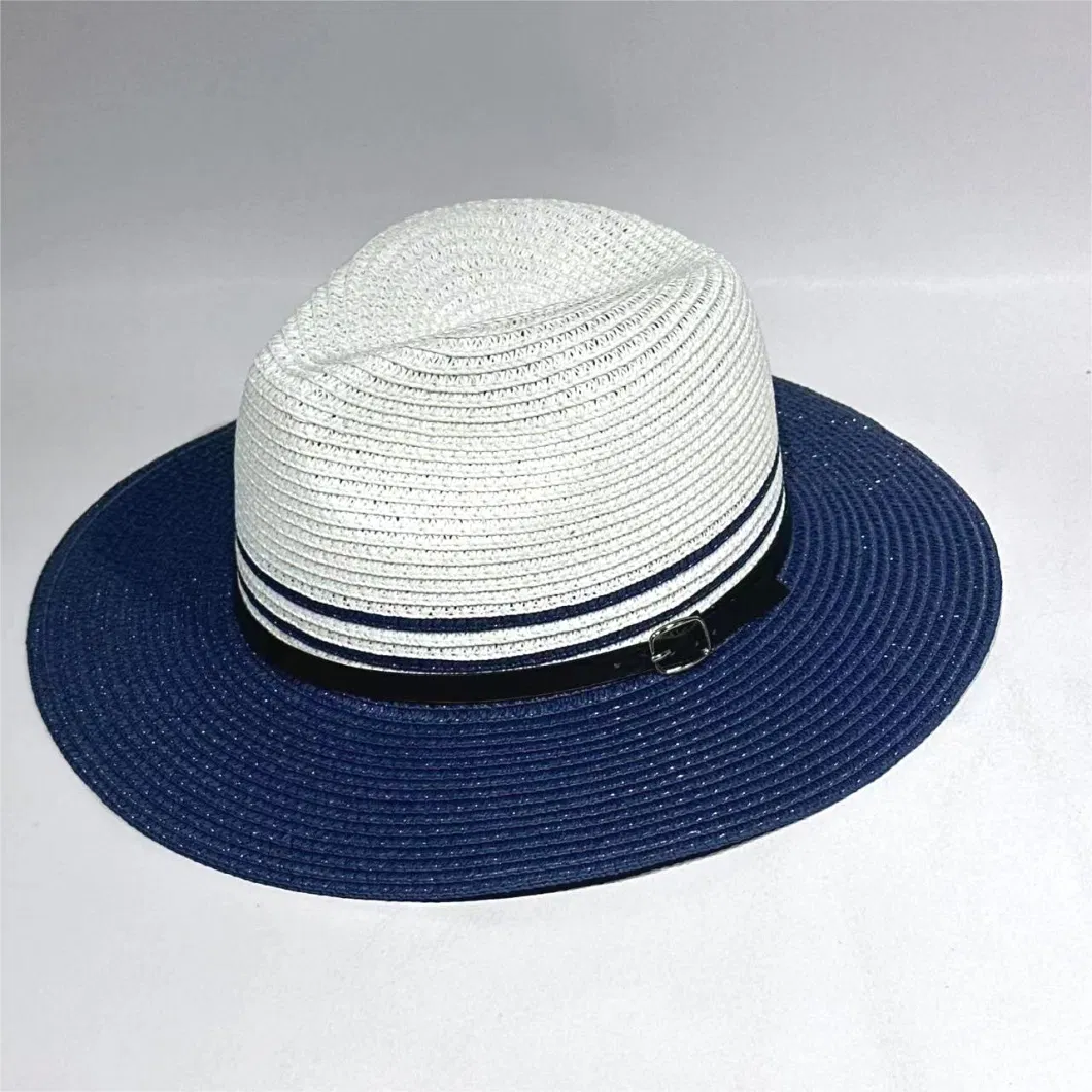 Customized Wholeseller Summer Fashion Mens Paper Straw PU Webbing Sunhat Band Fedora Panama Hat