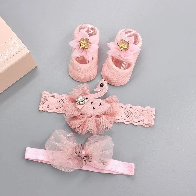 Popular Baby Hair Band Socks Set Baby Bow Soft Flower Girl Lace Crown Hairbands