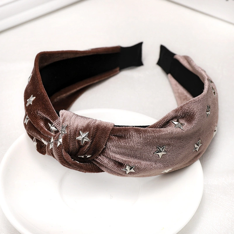 Korean Fashion New Hair Bands Solid Color Velvet Hot Diamond Star Knotted Headdress Hair Card Wide Side Band