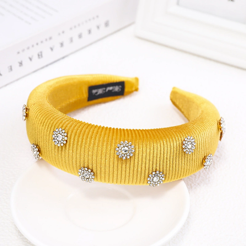 Rhinestone Floral Headband Women&prime;s Gold Velvet Thickened Sponge Fabric Hair Ornament Wide Side Hair Band