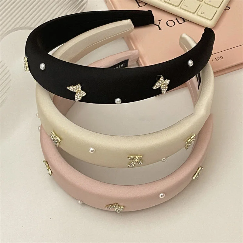 French Style Plain Color Sponge Soft Headband Fashionable Rhinestone Pearl Butterfly Hair Hoop Fancy Headbands for Women Girls