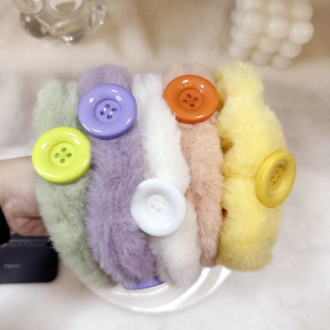 New Candy Color Furry Imitation Rabbit Hair Button Plush Hair Rope Hairbands