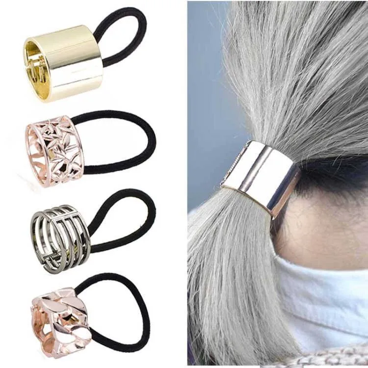 Women Metal Hair Tube Chrome Silver Rose Gold Hair Holder Elastic Band