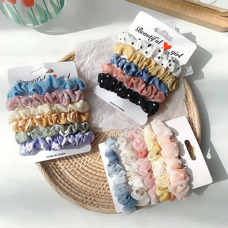 Hot Sell Color Thin Scrunchies Set Linen Fabric Plaid Wave Point Printed Elastic Hair Band Women Hair Ties Wholesale Custom