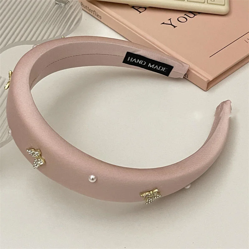 French Style Plain Color Sponge Soft Headband Fashionable Rhinestone Pearl Butterfly Hair Hoop Fancy Headbands for Women Girls