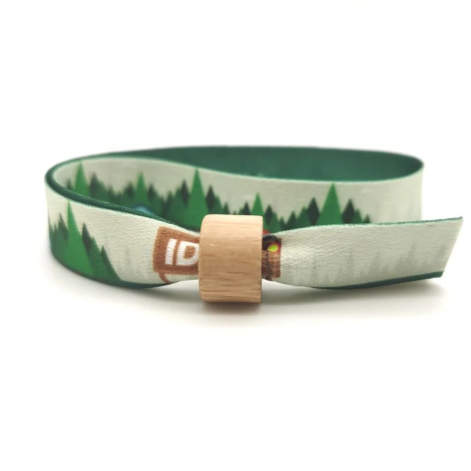 Custom Reusable Festival Wristband Fabric Recycled Friendly RPET Wristband with Bamboo Wooden Lock