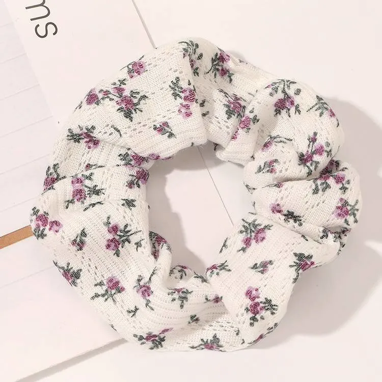 Cotton Fabric Large Intestine Hair Scrunchies Floral White Elastic Hair Band