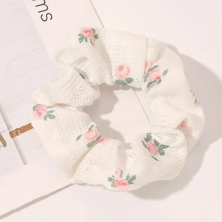 Cotton Fabric Large Intestine Hair Scrunchies Floral White Elastic Hair Band