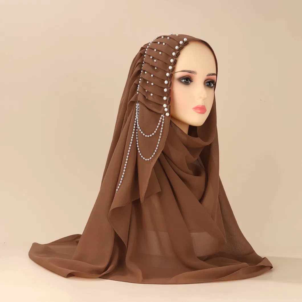 Wholesale Abaya Women Muslim Dress Shawl Solid Bandana Color with Pleated Outfit Chiffon Pearl Beading Nude Malaysia Scarf