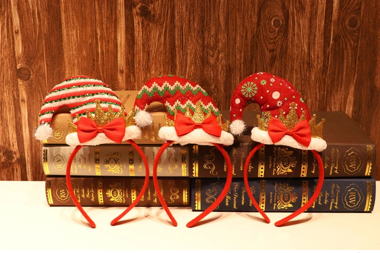 2023 New Cute Soft Plush Christmas Hair Band with Xmas Plaid Hat for Beauty Decoration