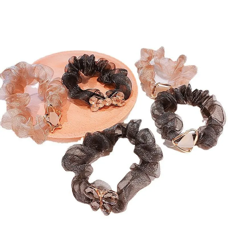 French Crystal Bow Elastic Hair Band Personality Fashion Temperament Leather Hair Rope