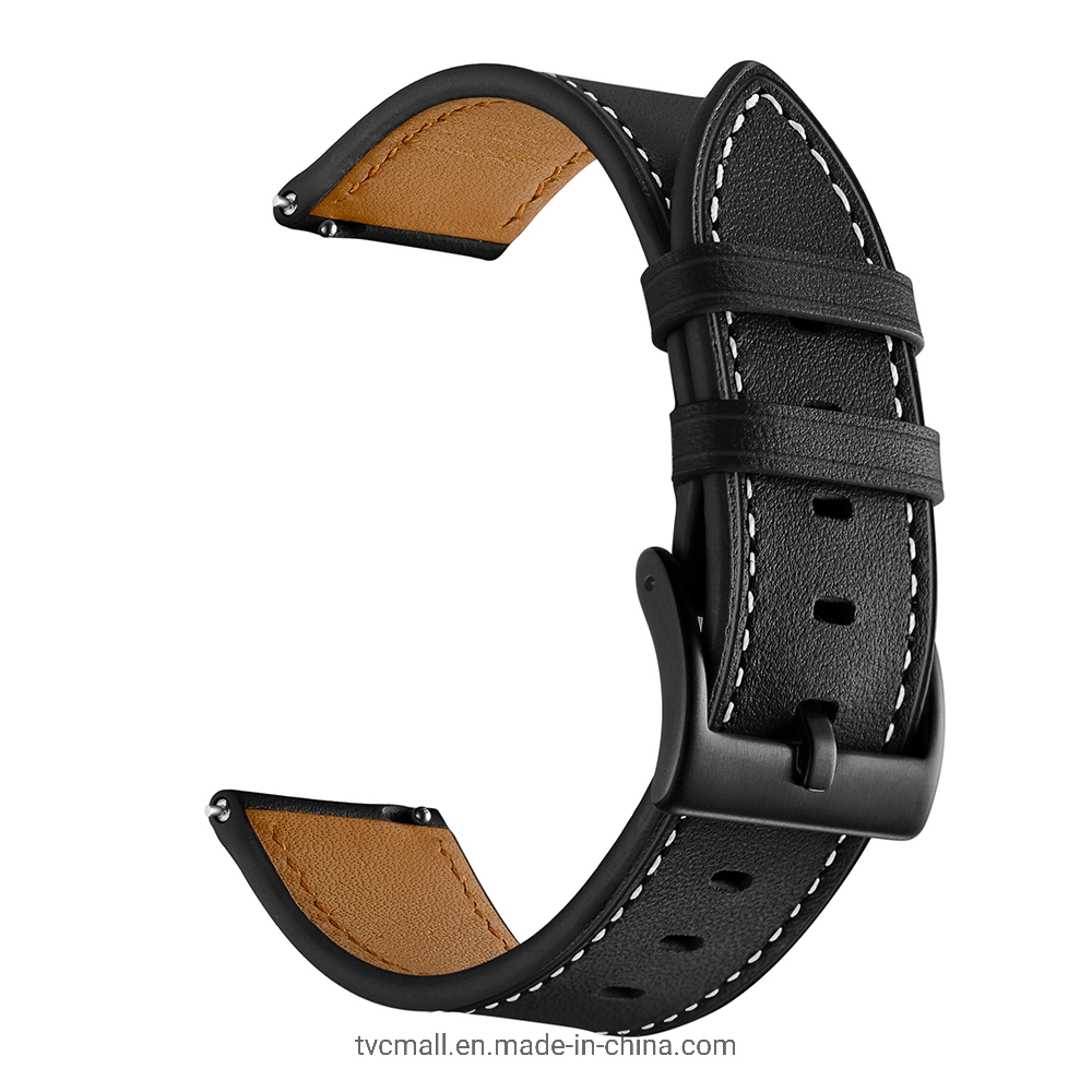 for Samsung Galaxy Watch4 Classic 46mm 42mm/Galaxy Watch4 44mm 40mm/Gear Sport Cowhide Leather 20mm Watch Band - Black