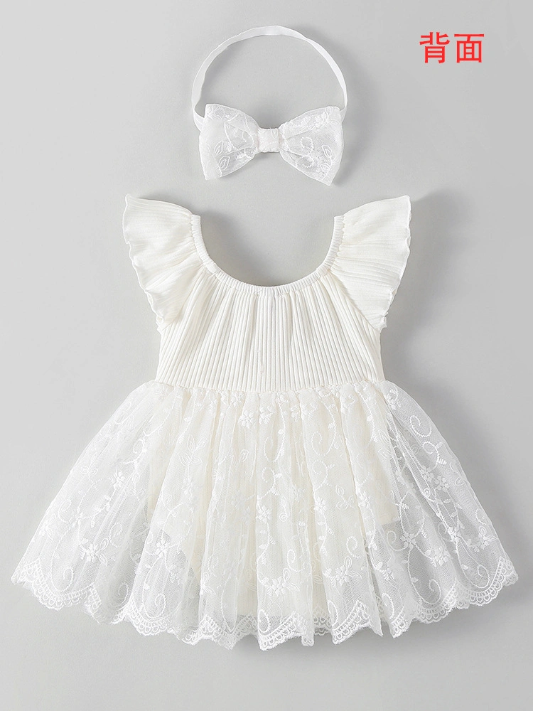 2024- 0-18 Month Baby Clothing Infant Solid Lace Princess Dress High Quality Baby Girl Romper and Bow Headband