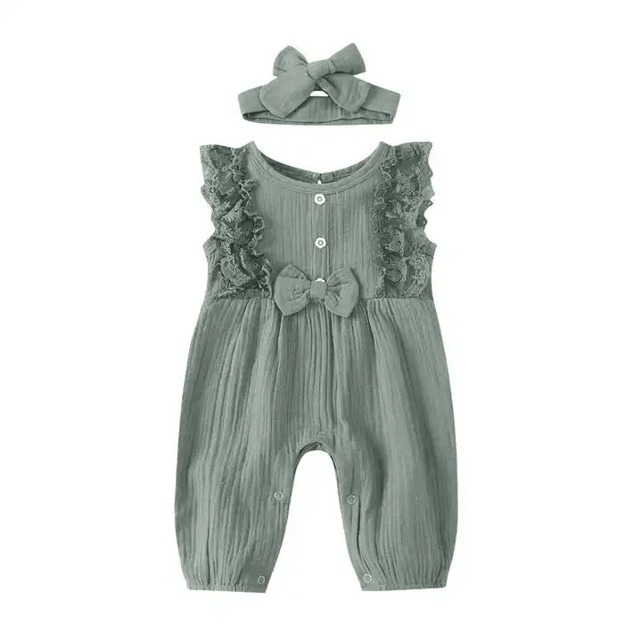 Baby Lace Muslin Romper, O-Neck Sleeveless Ruffled Button Bow, Baby Girl Bubble Romper, Headband