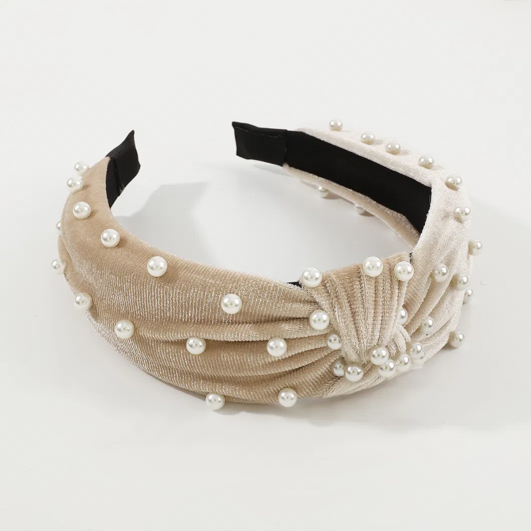 Wholesale Elegant Wedding Women Hair Band Wide Velvet &amp; Faux Pearl Knot Headband