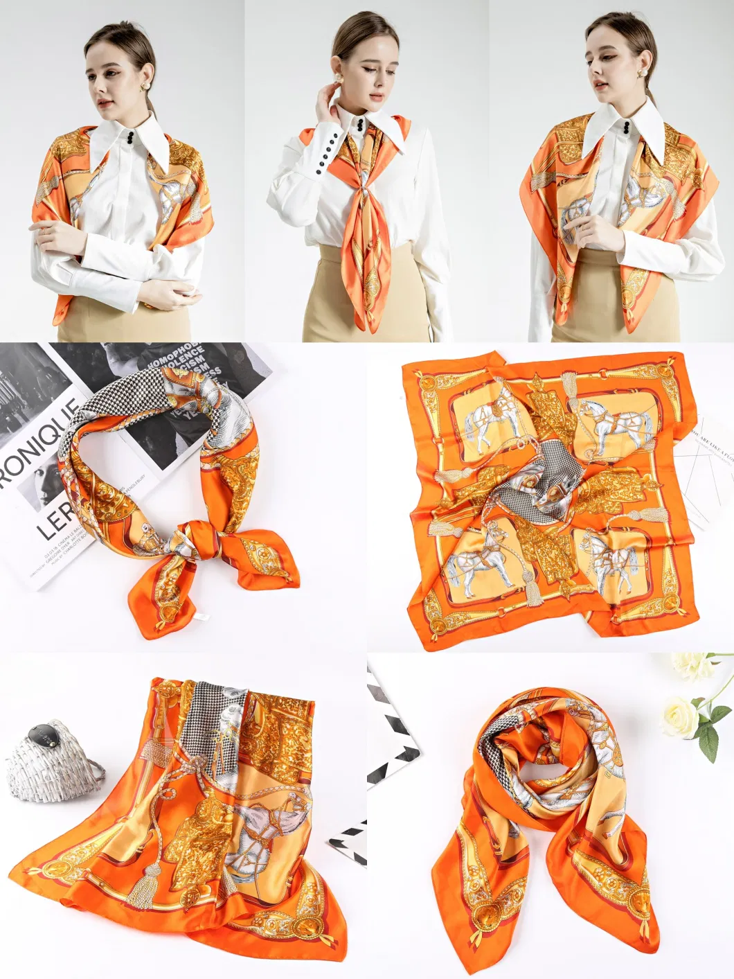 70X70cm Printed Wholesale Fashion Square Silk Satin Scarf Polyester Scarves Hairband Bag Band