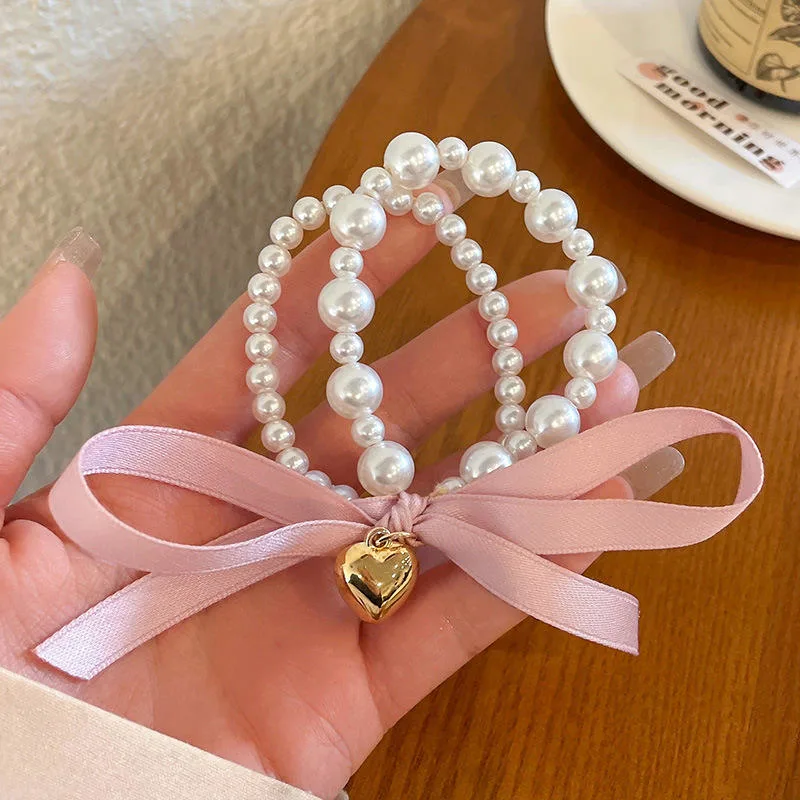 French Romantic Style Pearl Bow Hair Rope Women Fashion Elegant Hair Band