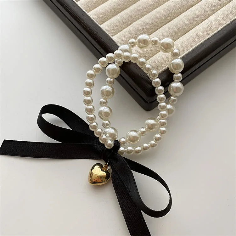 French Romantic Style Pearl Bow Hair Rope Women Fashion Elegant Hair Band