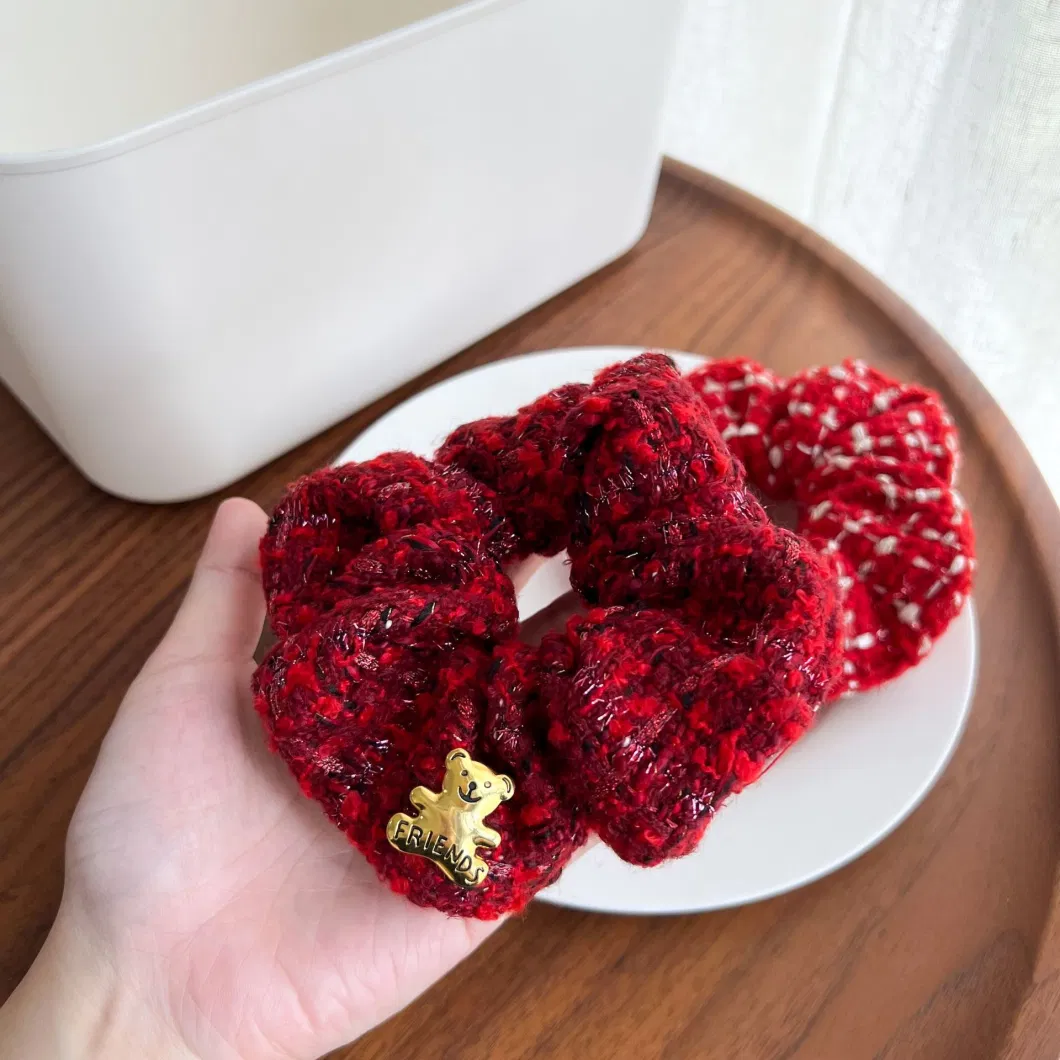 Red Wool Hair Scrunchie Retro Bear Hair Rope Christmas Hair Accessories