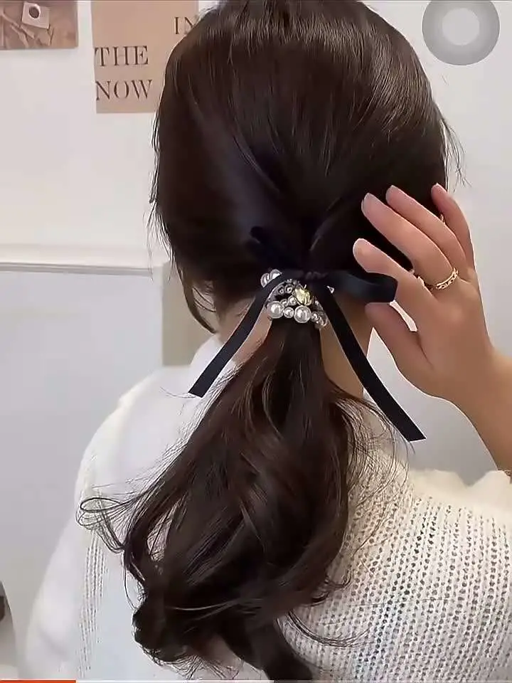 French Romantic Style Pearl Bow Hair Rope Women Fashion Elegant Hair Band