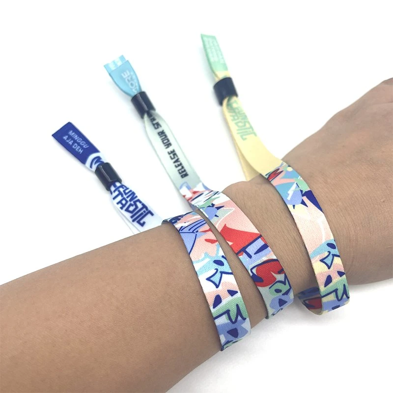 Customization Disposable Full Color Printing Music Festival Event Ribbon Wristband with Teeth Slide Lock Black Blue Red Yellow Wrist Strap