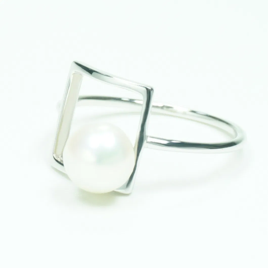 Hot Custom Simple Fashion Rhodium Sterling Silver Jewelry Ring with Pearl Wholesale