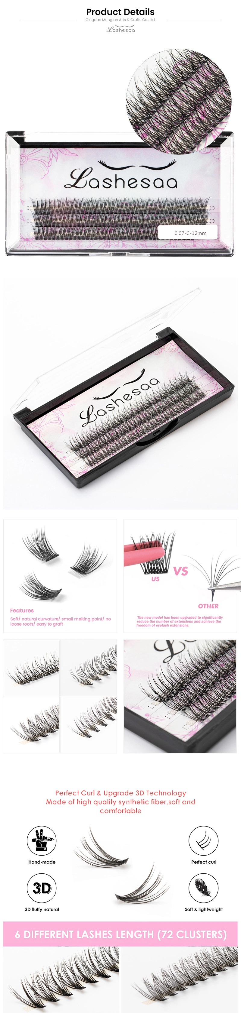 Mengfan China Flat Lash Extensions Manufacturers Natural Heat Bonded Grafting Single Cluster Self Use False Eyelash Extensions Band Cluster Individual Lashes