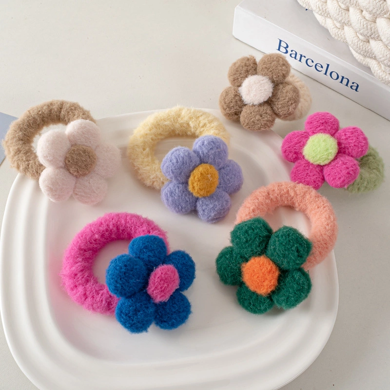 Plush Flower Hair Scrunchie Cute Color High Stretch Thick Plush Hair Rope Ponytail Rubber Band