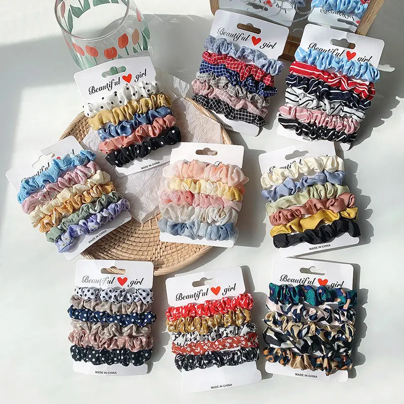 Hot Sell Color Thin Scrunchies Set Linen Fabric Plaid Wave Point Printed Elastic Hair Band Women Hair Ties Wholesale Custom