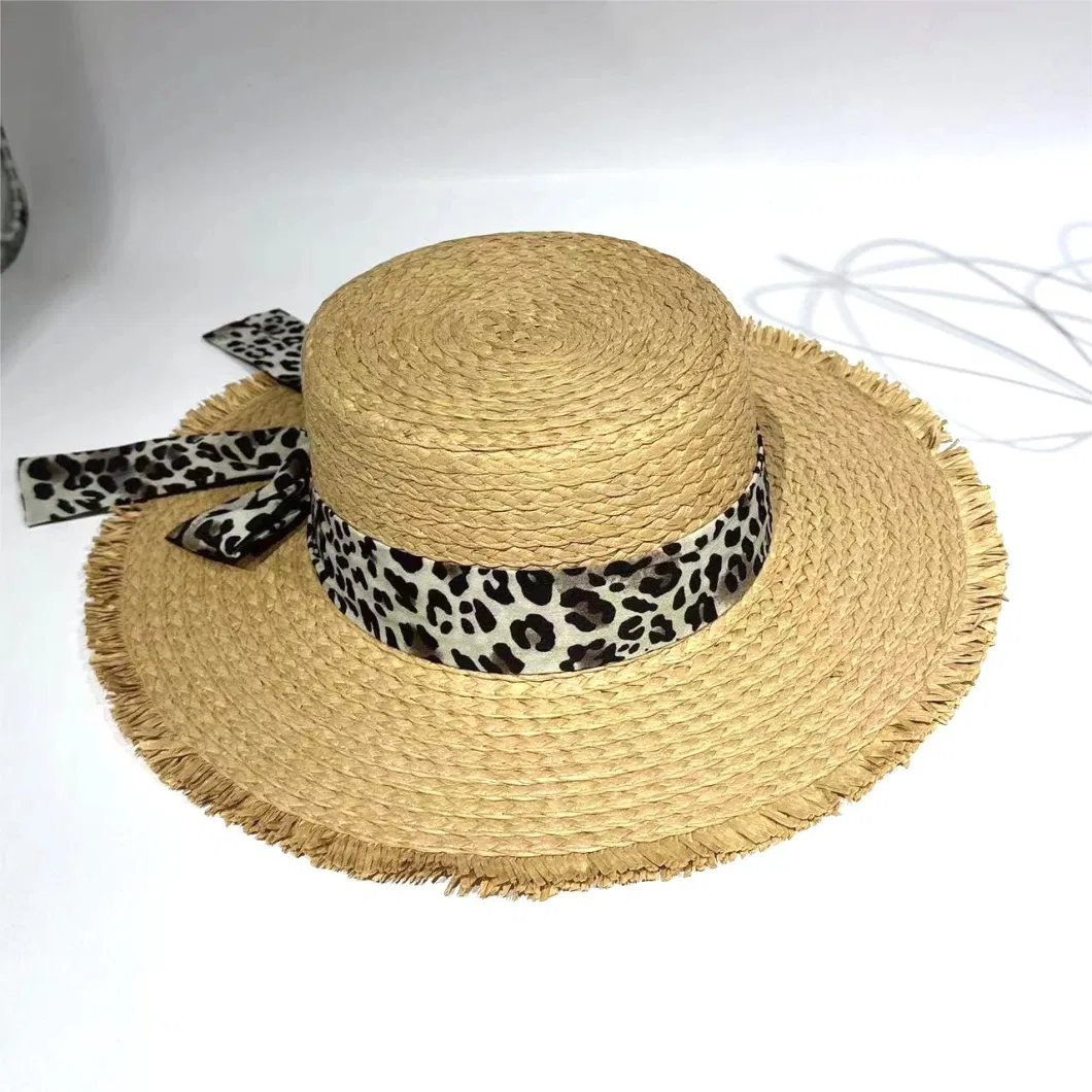 Customized Wholeseller Women Fashion Summer Paper Straw Leopard Print Webbing Band Panama Flat Crown Sunhat