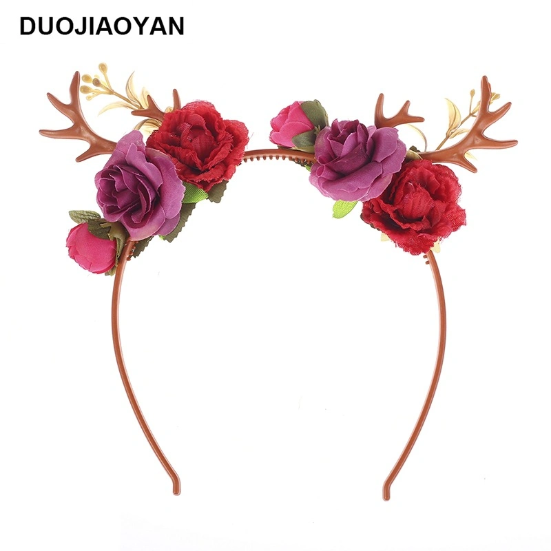 Creative New Personalized Small Deer Antlers Hair Band with Rose Flowers Christmas Animal Hair Accessories Headband Moose Hair Band