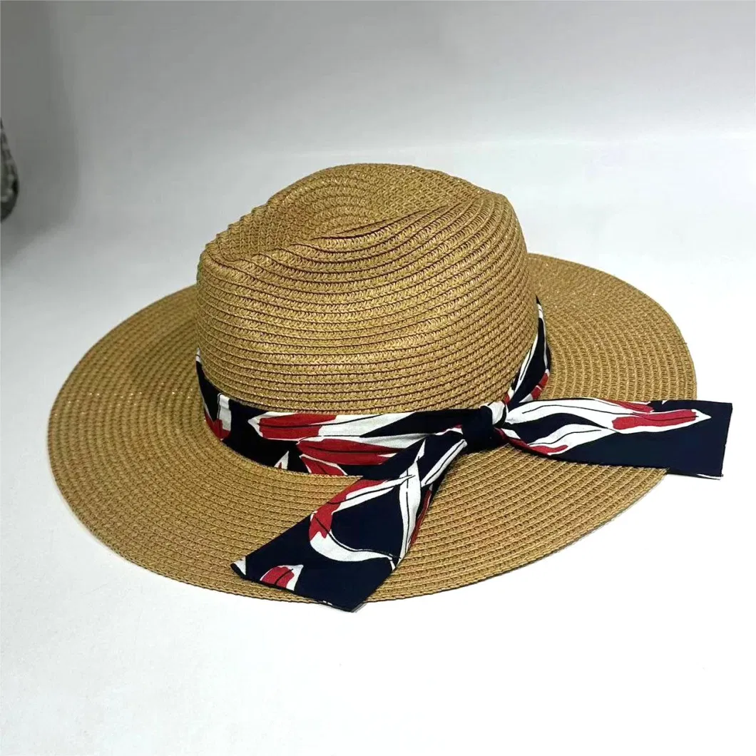 Customized Wholeseller Women Fashion Summer Paper Straw Leopard Print Webbing Band Panama Flat Crown Sunhat